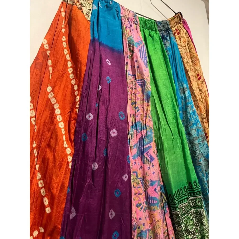 Vintage Artisan Patchwork Sari Silk Boho Maxi Skirt OS Elastic Waist Festival
